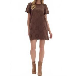 NEW ENTRO eyelet embroidered puff mini dress in brown
